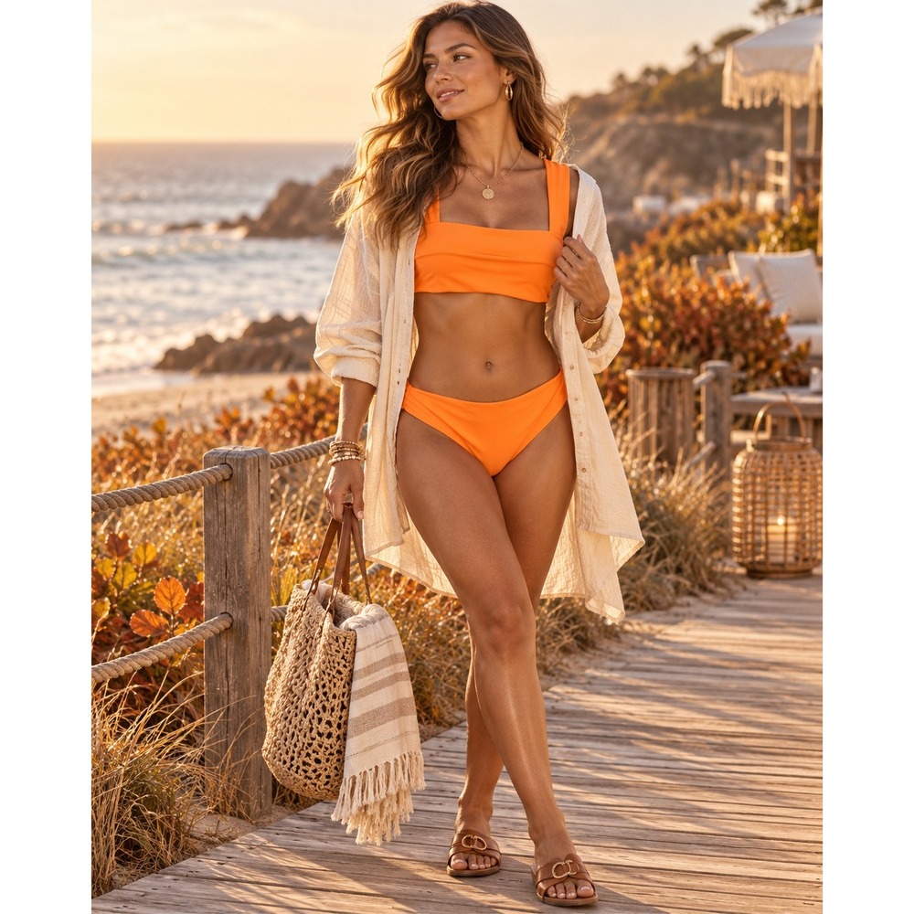 Orange Ruched Bikini Set Women Medium Square Neck High Cut Two Piece Swim